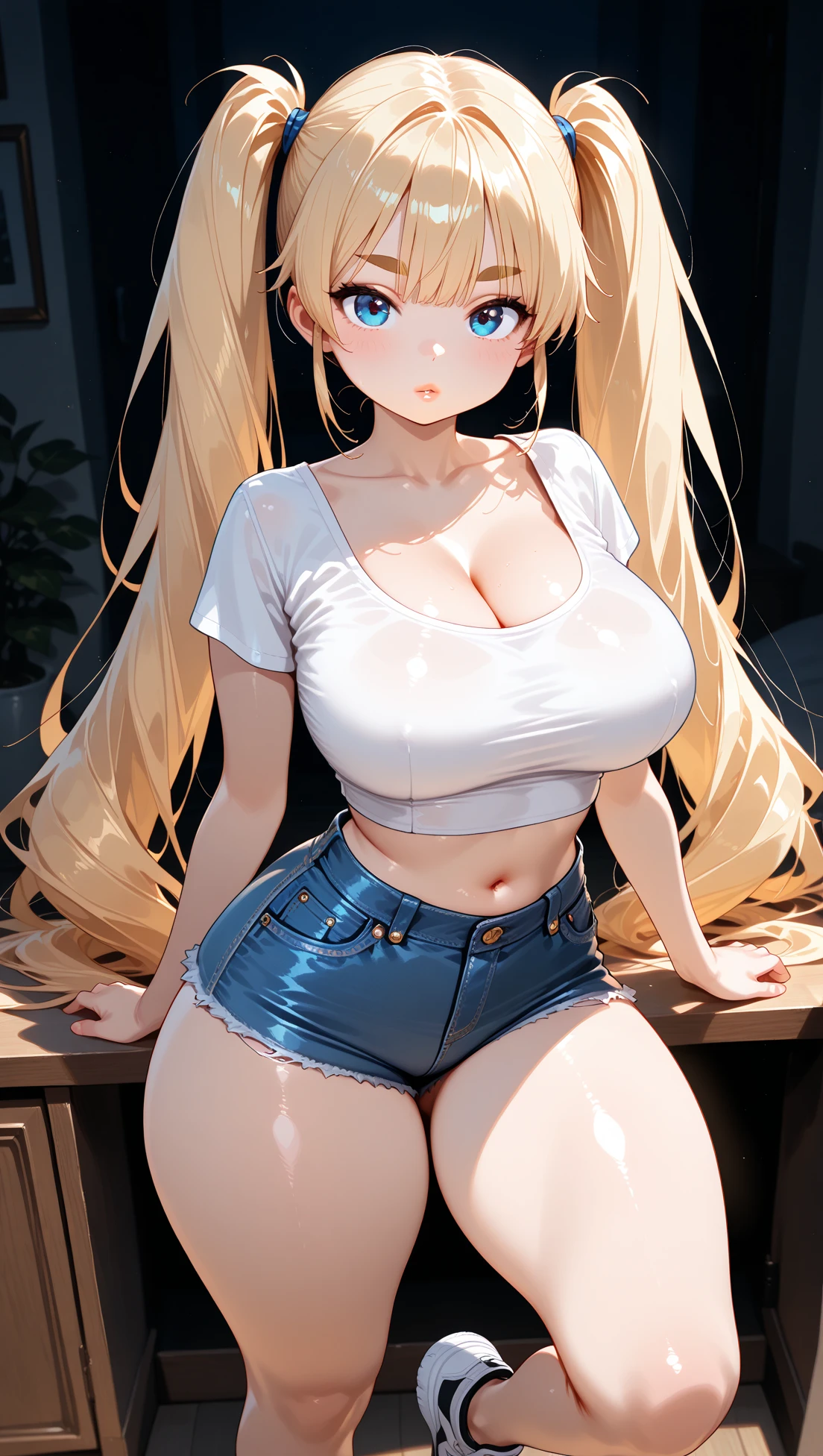 One girl, solo, Big round breasts, hips, realistic, straight hair, light blonde hair, light green eyes, white crop top, denim skirt, cute face, big lips, blush, HD, good quality, crop top, standing up, bedroom