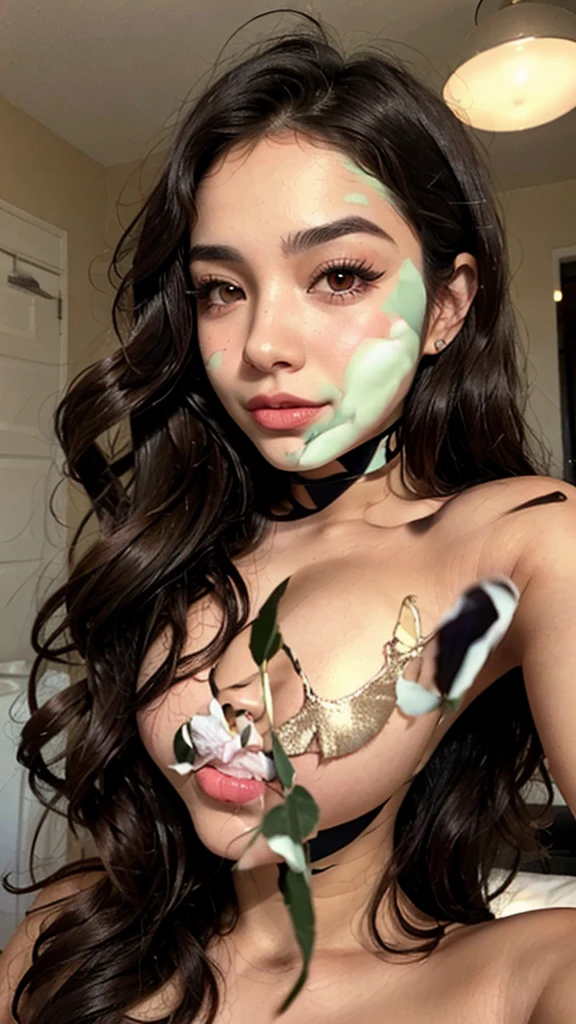 (Exterior: cannabis indica temple bedroom with potted sunflowers and tulips in bloom with overgrown potted cannabis shrubs), the scene depicting beautiful young woman taking sensual erotic selfies,
((1girl, young Vietnamese girl, plump, violet multicolored braided hairstyle, hair between eyes, glowing halo, scar on cheek, cannabis leaf hair ornament, wearing colorful luxurious detailed lace negligee, standing sensually taking selfie))