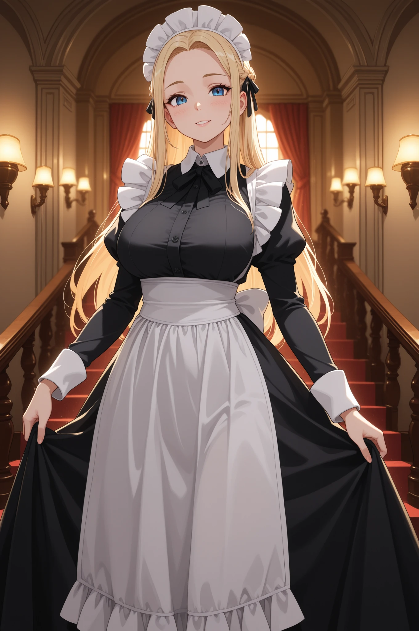 (masterpiece), best quality, Ultra Detailed, Perfect hands, Perfect legs, Delicate eye expression, 1 girl alone,, whole body,maid(Black, mini skirt),maid headdress, skirt lift,  at midnight, 客厅Walk廊(hidden, Only candles are glowing), Walk,,Squint your eyes, Smile, Large Breasts. (((cleveage)))8k, Ultra Detailed, Fair and aesthetic, high quality, Fair, masterpiece, best quality, Everlasting, Lean over, glowing skin, Sticking out tongue of mouth, blush, Sexy body, definition, Perfect eyes, Sticking out tongue, blush, Strabismus,（eyes filled with tears, Saliva residue）, The hem of the skirt is wet, Brushed, photography, 8k, HDR, high resolution, absurd:1.2, Kodak Portrait 400, Film Grain, Blurred background, Bokeh:1.2, lens flare, (Full of energy_color:1.2),专业photography师