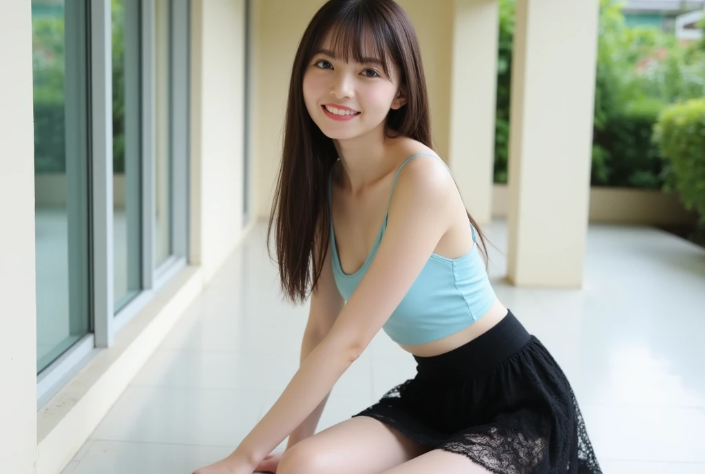 (8k),(masterpiece),(Indonesian),(11-years-old girl),((innocent look)),((Childish)),((no bra)),From the front and above,smile,cute,Innocent,Kind eyes,very wet short white thin tank top, white mini frill skirt blowing in the wind,semi-long,Hair blowing in the wind,Black Hair,Somewhat strong wind,noon,bright