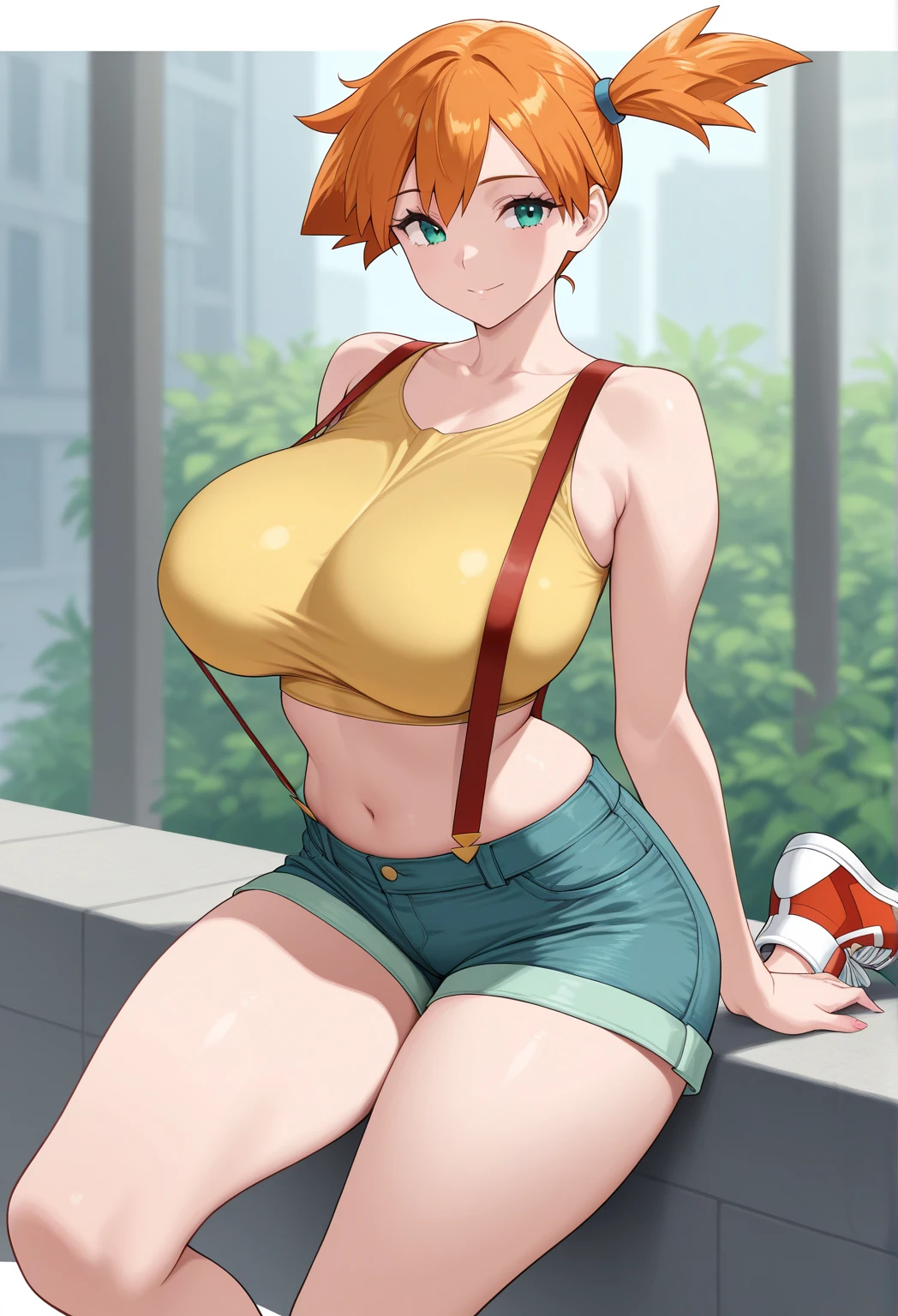 A tall sexy attractive beautiful woman, beautiful youth, big breast, short orange hair, cut her brown eye, eyelash, slim, black, red lip, she wears a green button-down shirt and a green denim pants, a black heel, wearing a yellow glove.