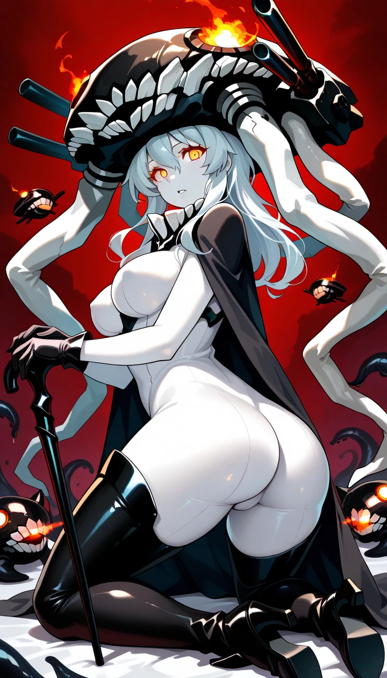 (1 spider mature:1.5), Masterpiece, (Best quality:1.3), 8K, absurdres, finely detail, perfect anatomy, 4K, detailed eyes, break, (antennae), (white hair:1.3), red eyes, break, (black kimono, off shoulder), big breasts, (red pantie), cleavage, bare shoulder, (hip with white spider legs), (boots like spider)