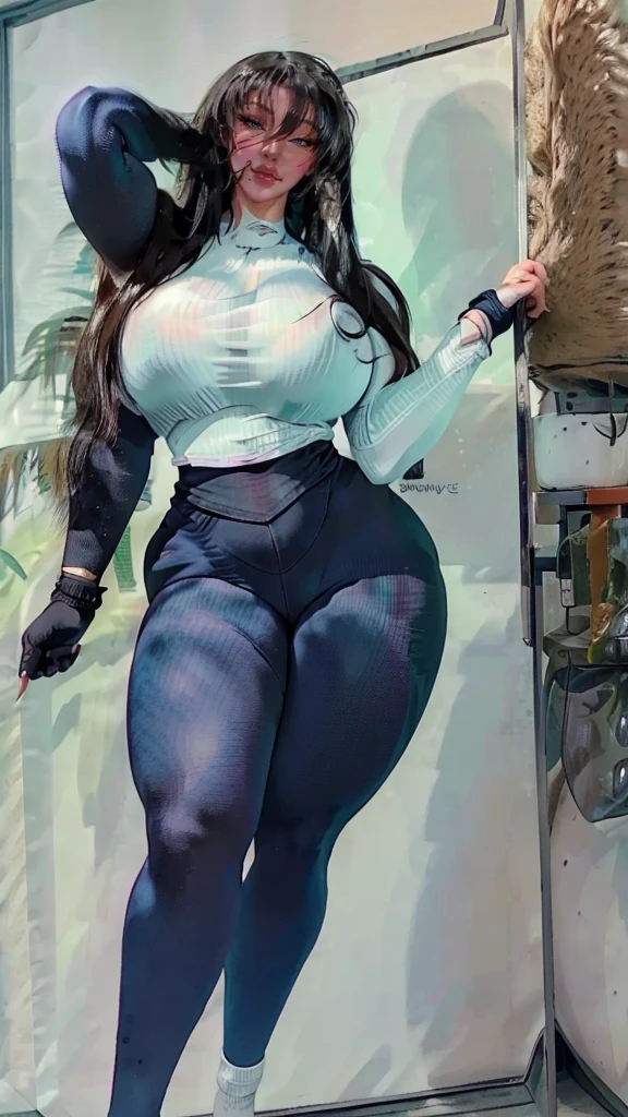 a young man having long legs, thick thighs, large hips, thin and narrow weist, big large feminine breasts, wearing blue leggings and hoodie and tshirt, very small spikey boyish haircut, man 