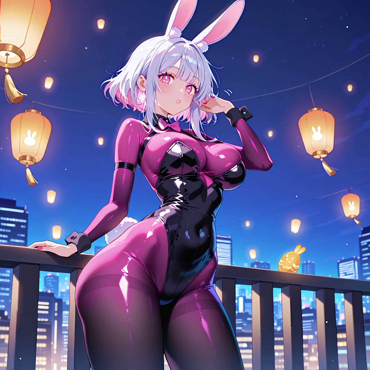 Full body portrait, spider-man cosplay, swinging through buildings in a spider's web, sprawling metropolis in futuristic dystopia, rabbit-shaped pupils, masterpiece, best quality, CG, wallpaper, HDR, high quality, high-definition, extremely detailed, 1girl,