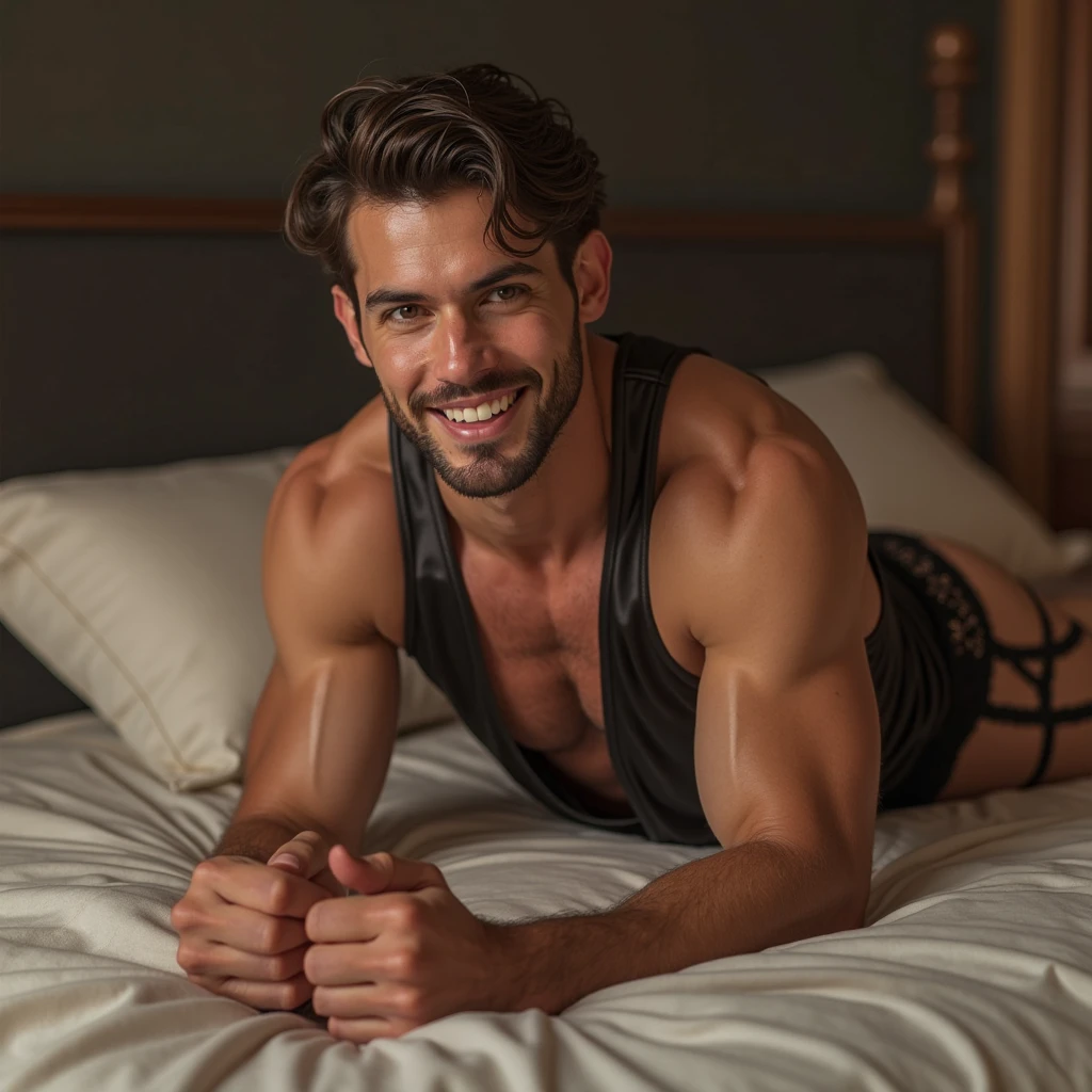 dripping in sweat all over his body and blushing, humiliated, very Light skin, Henry Cavill, hunk man, with the biggest pecs, with big nipples as large of his ear, with big arms, with big 9 inches penis , kneeling on the bed and open legs, wearing the smallest lace lingerie stockings and tight dog leash, looking sensually directly to me, open mouth, and his hands on behind his head, showing his no hair armpits