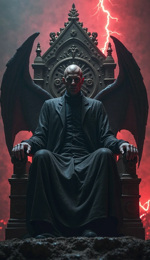 "Create an ultra-realistic image of an imposing figure representing the fusion between Voldemort and a Sith Lord, as if these two characters had a child. This character should have a dark and menacing presence., combining iconic features from both worlds: pale skin, eerie glowing red eyes, noseless face and scars reminiscent of the dark side of the Force. His attire should be a mix between the black cloak of the Sith and a traditional Brazilian judicial toga., but with details that refer to the Gothic style and the Harry Potter universe. He must be sitting in a Brazilian court, with architecture that combines colonial elements with dark and decadent influences, like gargoyles and dark stained glass windows. Lighting should be dramatic, with deep shadows and a spotlight that highlights his evil appearance, while the room around seems shrouded in a heavy gloom, as if darkness emanated from him. The expression on his face should convey absolute power and lack of mercy., reflecting the character's ruthless nature."