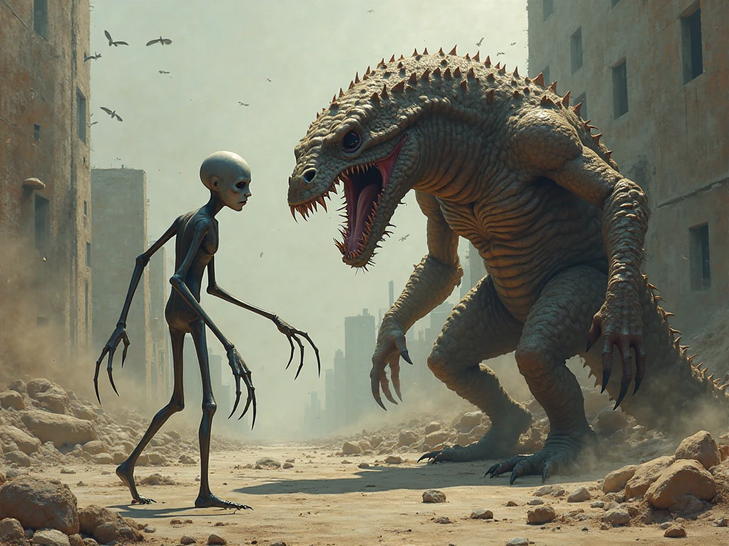 4 green and gray alien hybrid dogs with spots and no eyes, desperately sniffing the floor in search of their next prey and entering a ruined laboratory
. And a background that shows a glass wall with a kind of portal to another world 