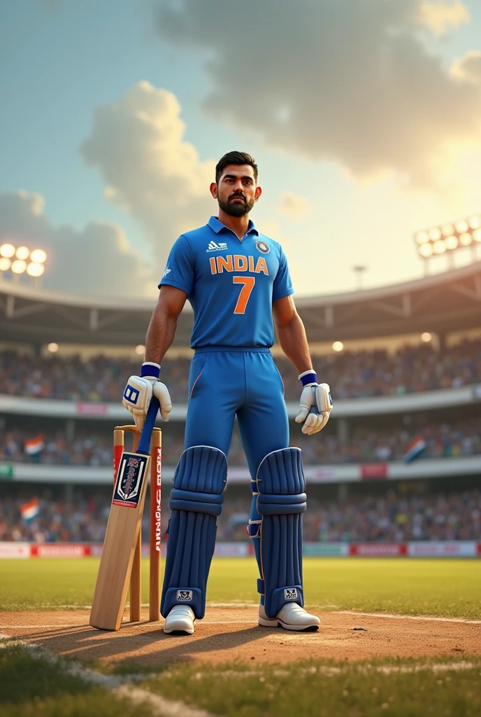 Generate an image of a virat kohli, athletic male cricket player. He should have a medium complexion with short black hair and a neatly trimmed beard. The player is wearing a modern cricket jersey, holding a cricket bat, and standing on a cricket field with a stadium in the background. The scene should capture the intensity of a live match, with the player focused and ready to bat, under bright daylight, with a crowd of fans cheering in the background
