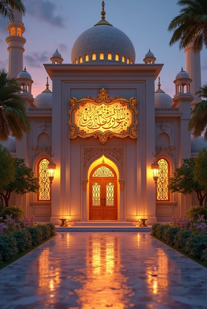 A tiny futuristic Malay style mosque in the middle of a village at night, front view
