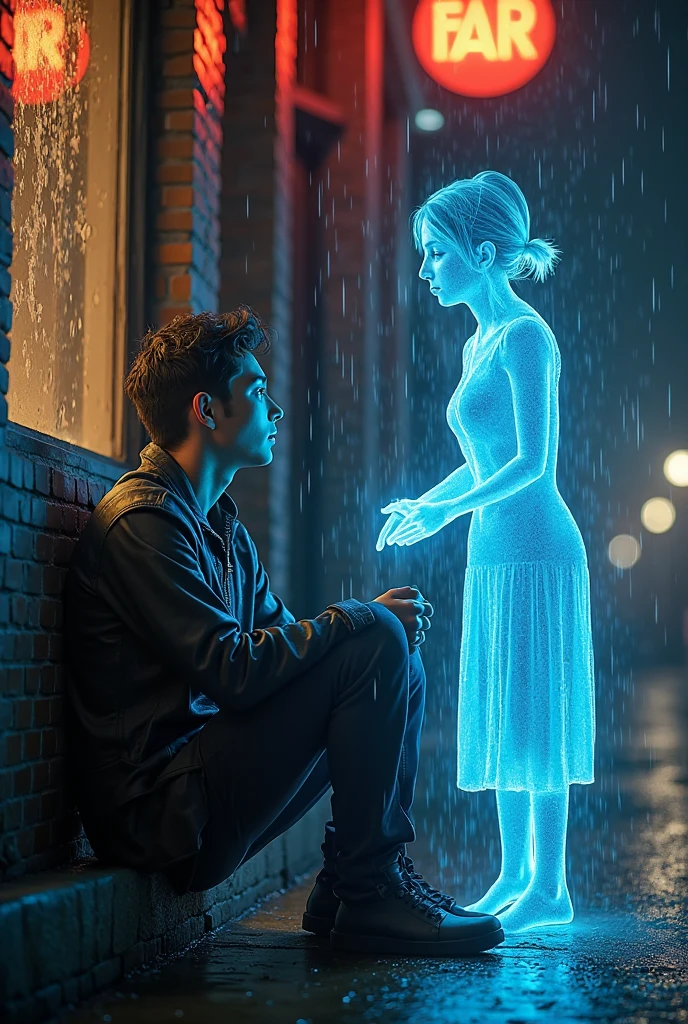 At night in front of door house there was a beautiful woman soaking wet wearing a thin white t-shirt and sneakers. Behind her was the (((light blue spirit))) of an Indonesian handsome man who was also grieving, placing his hand on the young woman's shoulder to comfort her, this spirit was her handsome boyfriend.The atmosphere was very sad, like losing a loved one, masterpiece, best quality:1.2),(8k,highres,RAW photo,realistic,photo-realistic:1.3),(detailed skin texture,detailed cloth texture,beautiful detailed face:1.25),professional lighting,photon mapping,beautiful soft light,radiosity,physically-based rendering,model shoot style, model shoot style, (extremely detailed CG unity 8k wallpaper), full shot body photo of the most beautiful artwork in the world, complex 3d render ultra detailed, looking at viewer, 18 yo, real human skin, vibrant details, hyperrealistic, beautiful, octane render, an extremely delicate and beautiful, extremely detailed ,CG ,unity ,wallpaper,Amazing, finely detail,official art,extreme detailed eyes, (perfect face), shiny skin, colorful, highest detailed, vibrant colors, ultra high res, (high contrast), intricate, lens flare, (((nsfw))), (((nipples))), ((wet shirt))