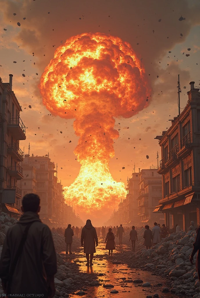 Create a highly realistic image of a pressure vessel exploding in a busy machine shop, full of trucks undergoing maintenance. Include detailed visuals of the explosion with debris flying around. On price, mechanics and customers are shown shocked and terrified by the accident. The owner of the workshop is pictured with his hands on his head, witnessing the chaotic consequences. The setting is gritty and industrial, capturing the intensity and danger of the situation

