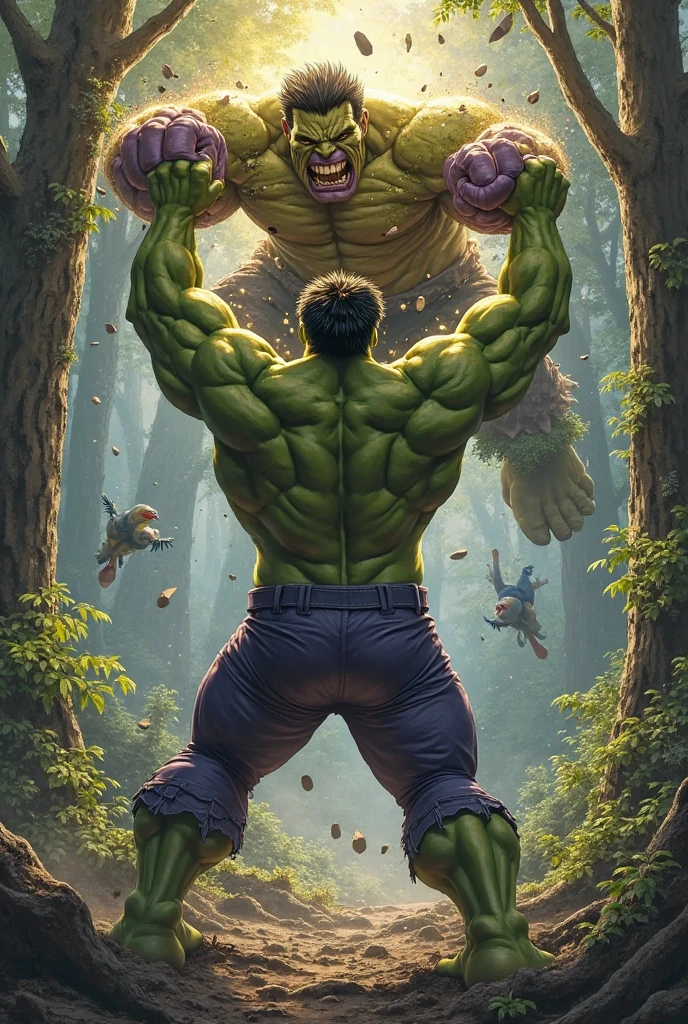 UHD,anime,green Hulk and green ninja turtle standing face to face,blue sky,green grass