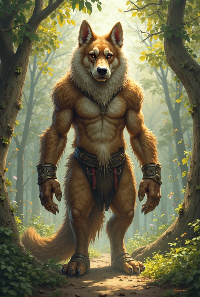 nj5furry, (a Maned wolf, Shirt, ripped muscles, Topless, naked)), No clothes, thick fur covering the crotch, fur, ((full body)) male, kemono, ((Extremely realistic shadows, Masterpiece, extremely detailed, photorealistic), ((a Maned wolf), broad shoulders, ((standing on HIS back)), (firm buttocks), (round buttocks), (shapely buttocks), massive and very muscular pecs. No clothes, thick fur covering the crotch, strong, mature male, bodybuilding posture, carefree expression, mischievous smile, sexy, detailed face, handsome, huge, muscular and massive body, bulge pectorals, muscular abs, narrow waist, cream brown fur, short hair, red nose, red eyes, crotch bulge, Enchanted and fairy tale forest behind him. dark brown Jedi-style baggy pants