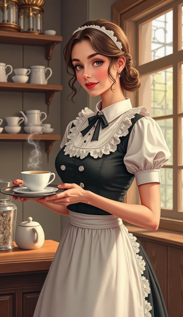 a picture of a british master slave relationship where an indian maid wearing a saree holding a tray of tea cups and serving it to a british victorian woman wearing an elaborate dress who is sitting at a table woman at a tea party. realistic, beautiful, sexy. the maid is standing and the master is sitting