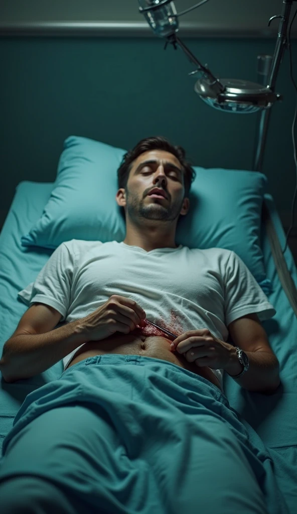 Shirtless 20 year old man lying on operating table. Unconscious. Wearing oxygen mask. Ekg lines attached