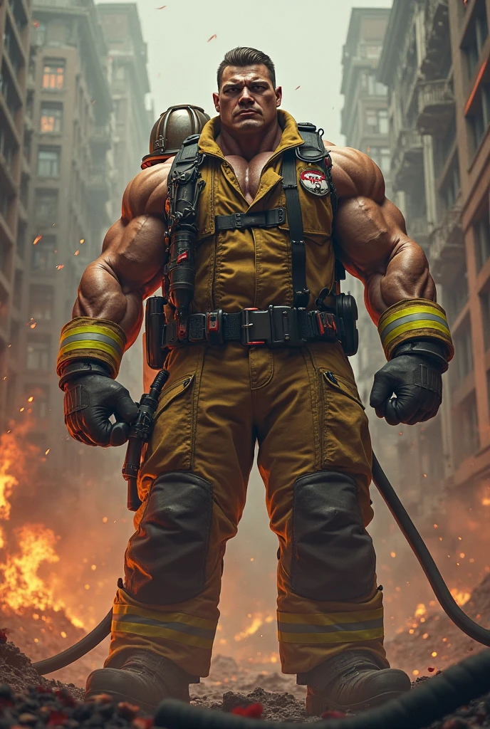Ryder is a 6’5” absolute monster of a Caucasian bodybuilder. He is wearing a fireman’s dress uniform, which is stretched tight to accommodate his massive frame.