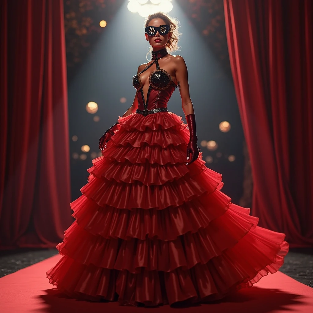 1girl, 1950s, fashion, elegant, flapper dress, faux fur collar, 1950s victory rolls hairstyle, bandana covering mouth, color, bayonet, stage performer, dynamic pose, (best quality,4k,8k,highres,masterpiece:1.2),ultra-detailed,(realistic,photorealistic,photo-realistic:1.37),vibrant colors,dramatic lighting,cinematic composition,cinematic lighting,dramatic pose