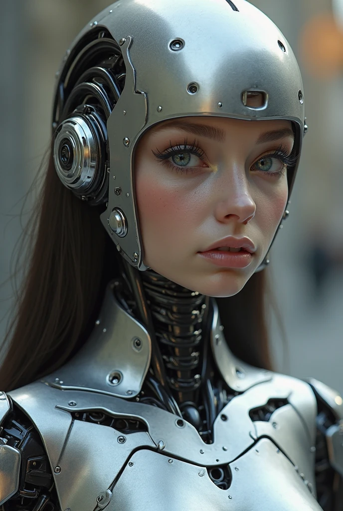 A woman in a robot costume poses next to an ancient building, beautiful white half-cyborg girl, cute cyborg girl, красивая cyborg girl, perfect robot girl, cyborg girl, young cyborg lady, beautiful female robot, Красивая female robot, cyborg girl, ideal cyborg woman, porcelain cyborg, female robot, beautiful image of a cyborg