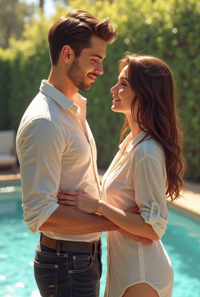 
Realistic close up scene of a single 40 year old man, Without beard,  white black short haired caucasian, barefoot western, standing, wearing a light blue suit, pants and a doctor or monk style jacket Spiritual, with a relaxed attitude and a slight smile. Without beard. In a spiritual environment, interacting with a white western woman with long black hair, what is medium, wearing black clothes. The man is next to the woman and the woman is sitting. 

