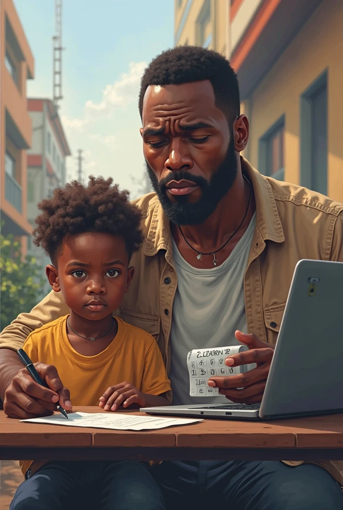 Homme noir travaillant sur un ordinateur portable à la maison pendant que ses 3 enfants jouent en arrière-plan de la photo,high quality 3D image