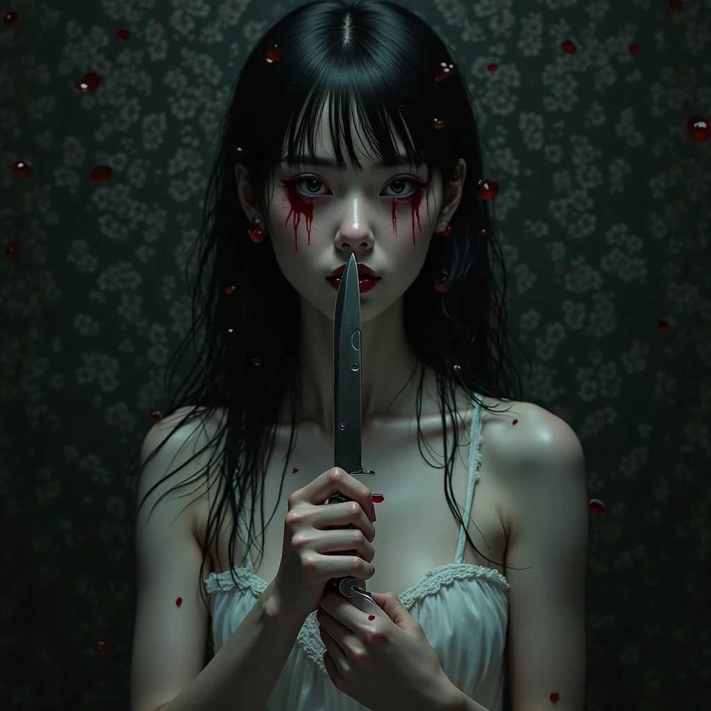 A very cute beautiful Indonesia girls knife luxury, cut throat A boy blindfold neck bloody splash, full body, wide open throat, throat contents