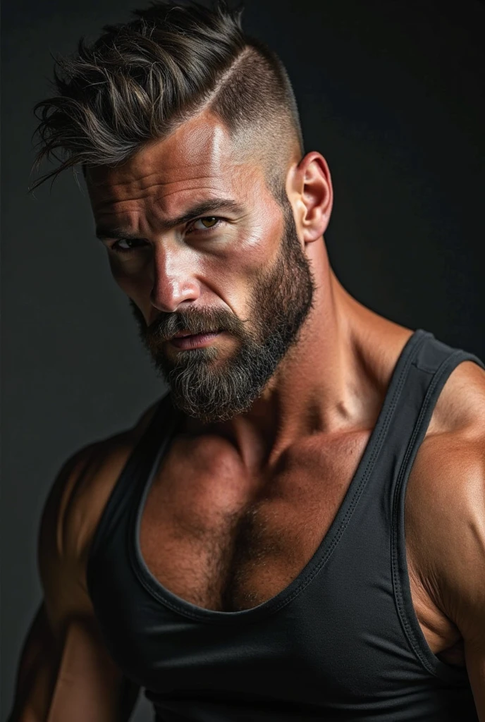 mid_shot, attractive bearded man, defined muscles, alley, ((orange black green)), (distracted), (atmosphere), coherent, continuity, epic, sharp lines, short hair,high contrast, hairy chest, sexy, brasilian, bulge, 3 colors, grey eyes