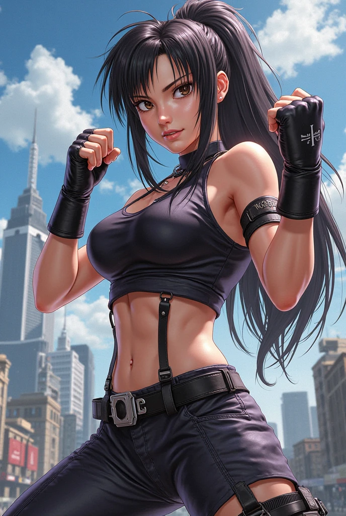 A stunning anime illustration of a sexy, muscular female character with long, flowing black hair. She is dressed in a revealing blacktop, white shorts, and black gloves, showcasing her toned physique. The character is poised in a powerful martial arts pose, her intense gaze focused on the viewer. The background features a cityscape with modern buildings and a city skyline. The overall art style is sleek and bold, with strong lines and vibrant colors., illustration, anime