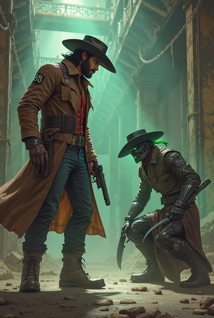 Steam punk scenario, wallpaper, 4K, dune-inspired, masterpiece, painting, hyper realistic, character with gas mask, long hair, gun in hand, leather armor, with a large owl on his shoulder. 1:1