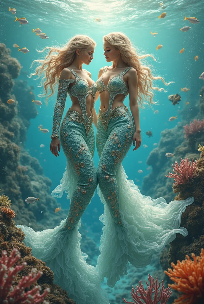 (masterpiece,Distinguished Quality,Mirror-like,Cinematic Experience,insanely detailed,absurdres),8k,full image shot),(3 females), the shimmering, iridescent depths of an enchanted ocean, (Iridescent particles:2.0),(nudes:1.3) mesmerizing sirens, (Functional),(Voluptuous),(front:2.0),(whole body:2.0),(look at me), 1 siren has direct gaze at the camera),(shimmering scaled tales:2.0), (big breasts), nipples ,8k, slim waist, (shimmering scales on a siren tale:2.0), luminous, pearlescent skin glistening with dew, long, flowing hair a wild tangle of seaweed and glittering, gemstone-encrusted locks, as their piercing, aquamarine eyes gleam with an otherworldly allure, shimmering, crystalline tail glimmers with a soft, ethereal light, beckoning sailors to their doom with a haunting, melodic song that echoes through the mystical, moonlit waves, Imagine the captivating, underwater scene:1.6!