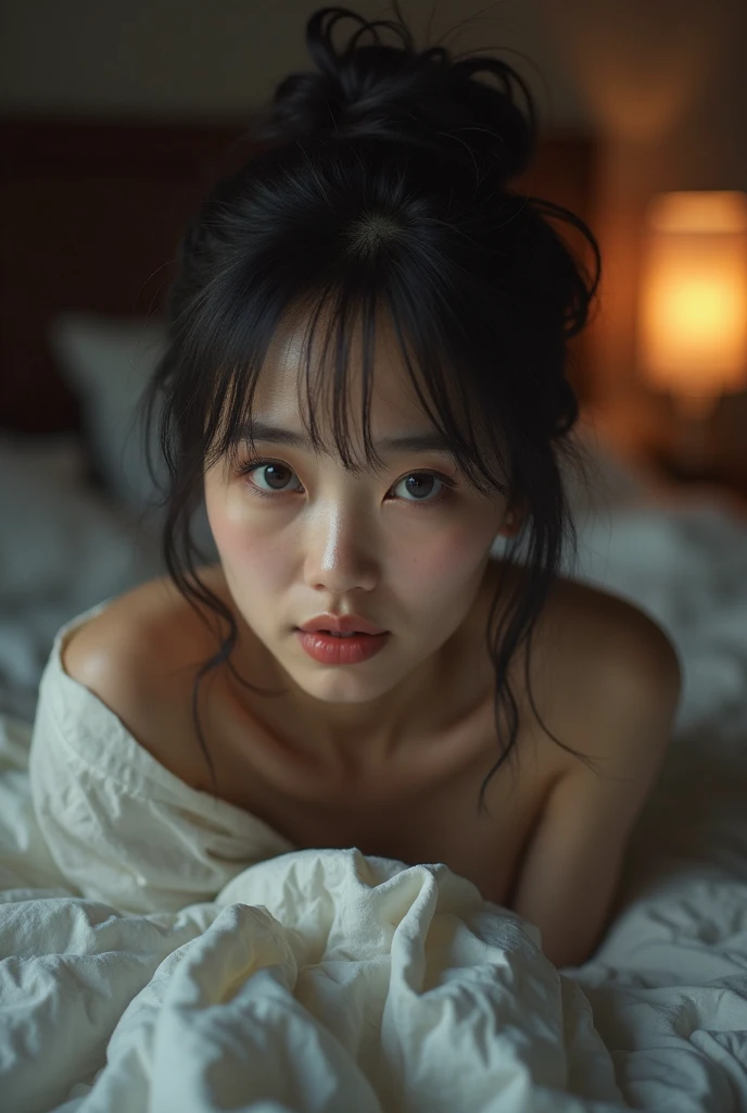 A very cute face like an idol、like々A 20-year-old woman with a cute face、Gentle and cute、(((Japanese Yukata)))、(night)、(((Japanese-style room futon in a Japanese inn)))、(((Lying down and fast asleep)))、((Cleavage、I can see your thighs))、((Full body portrait))、RAW Photos、Genuine、High resolution