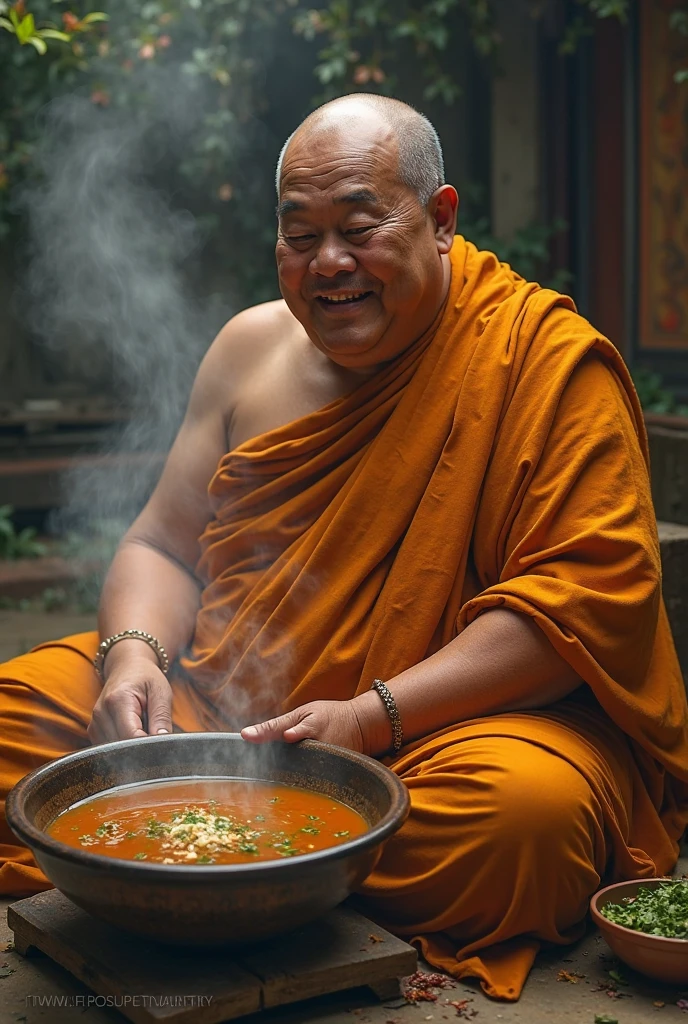 hyperrealistic photo of 1 40 year old Malay man without clothes soaking in a large cauldron that is boiling at 100 degrees Celsius. You can see the stove of a boiling water cauldron being burned by fire, boiling smoke coming out of the cauldron, the background of a worn and old brick wall. The picture is very detailed, clear and smooth