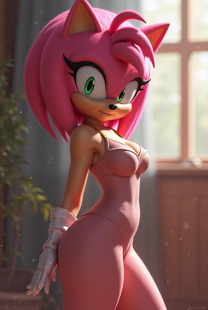 Masterpiece, high quality, studio quality, intricate details, 4k, 1girl, solo, Amy Rose, blue tank top, eyes open, green eyes, big breasts, midriff