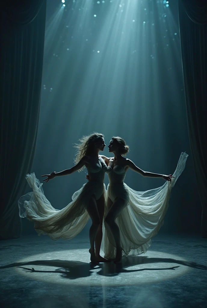 (1980s anime), (ancient greek ruins covered in neon lights in natural environment), close-up shoot, masterpiece, absurdes, 4k, BREAK two statues of beautiful woman standing together in a dynamic pose, wearing pin up dress, seminude, pale, foggy, (dimly lit:1.2), fog, shattered mirror, white moon, dynamic shadows, beautiful lighting
