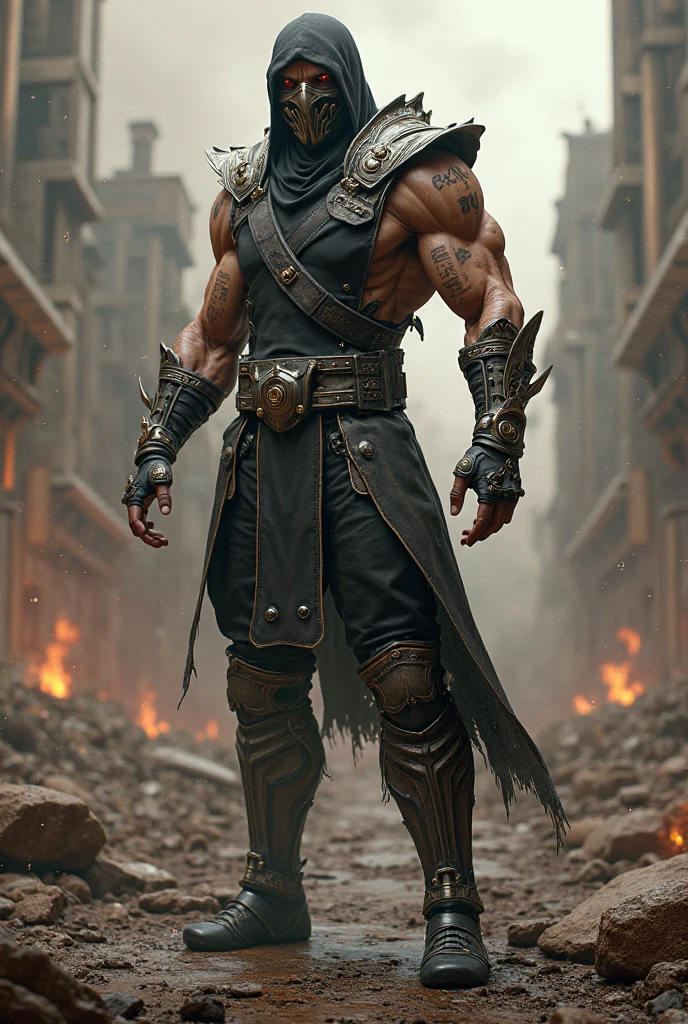 A muscular black man,detailed face,intense expression,wearing a dark mask,holding two sharp blades in his hands,powerful stance,dramatic lighting,gritty urban environment,dark moody atmosphere,cinematic camera angle,chiaroscuro lighting,high contrast,detailed textures,digital art,concept art,hyperrealistic,unreal engine,8k,best quality,ultra-detailed,photorealistic
