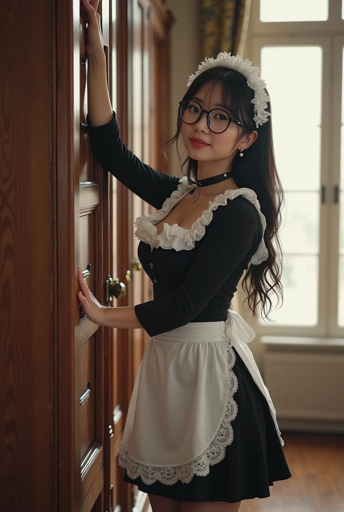 Best quality: 1.4, high resolution, perfect lighting, (1 girl), 20 years old, glasses, big butt, panty shots, black maid outfit, white frilly headband, cleaning