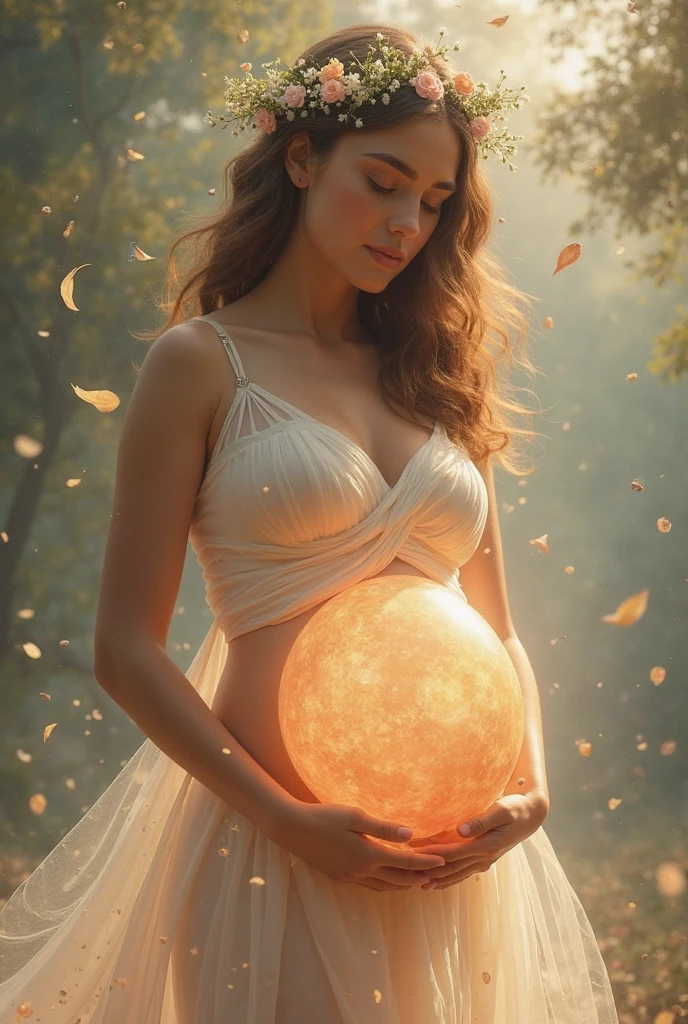 (Masterpiece), Perfect, side view of a brown hair pregnant nude woman in white transparent dress, look at viewer, beautiful face, the iris of her eyes are equally proportional in size and equally illuminated by light, she have elegant hairstyle, normal legs, sharpness in the photo, focus on the face and eyes of this woman, field of flowers panorama, space galaxy night in sky and background