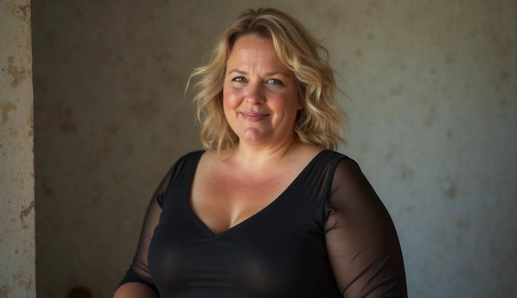 woman dressed in a tight jacket, is warming herself by the fireplace, striking a sensual pose, is standing, sticking her ass out, older woman, 60 years old, curvy, hot, voluminous body, cleavage, large breasts, approximately 50 years old, front image , looking for camera, posing, stunning, natural mature woman, average size, natural six-pack