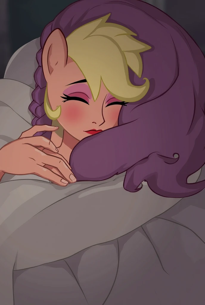 a close up of a cartoon girl with pink hair and a red blanket, furr covering her chest, sun behind her, windy mane, pinky pie my little pony, closeup view, fur covering her chest, dreamcore looking, pinkie pie equine, breasts covered and sfw, sunset!, fim still, morning sunrise, her belly button is exposed, giddy smirk