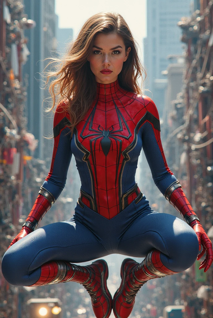 Lea Michele、Marvel Comics Movie Poster, Very beautiful, Movies about Spiderman, sexy, whole body, I'm wearing a skirt、Premiere date, Poster、belly buttonを突き出す、new york、She&#39;s wearing a torn Spider-Man suit,The suit is torn、Wearing a skirt、 Red and black color scheme,dynamic、masterpiece、highest quality、Ultra-detailed、Very detailed、A delicate and beautiful shine、超A high resolution、Cinematic,Break,Breakdrop,(Torn clothes:1.5), (Wet clothes:1.4), Bare shoulders,Real Rain,Wet Hair,belly button、Exposing Skin、Showing off her sexy shoulders