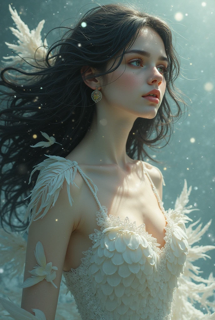 1girll , brunette, natural soothing expression, white colour scheme, long gown, white gauze, brunette, natural soothing expression, floating in the air, long dress, face of a mature woman, simple white background, sacred, solo, wallpaper, epic feeling, looking up at the camera, looking up from below, ultra wide angle, feeling of nature, looking up, busty photo