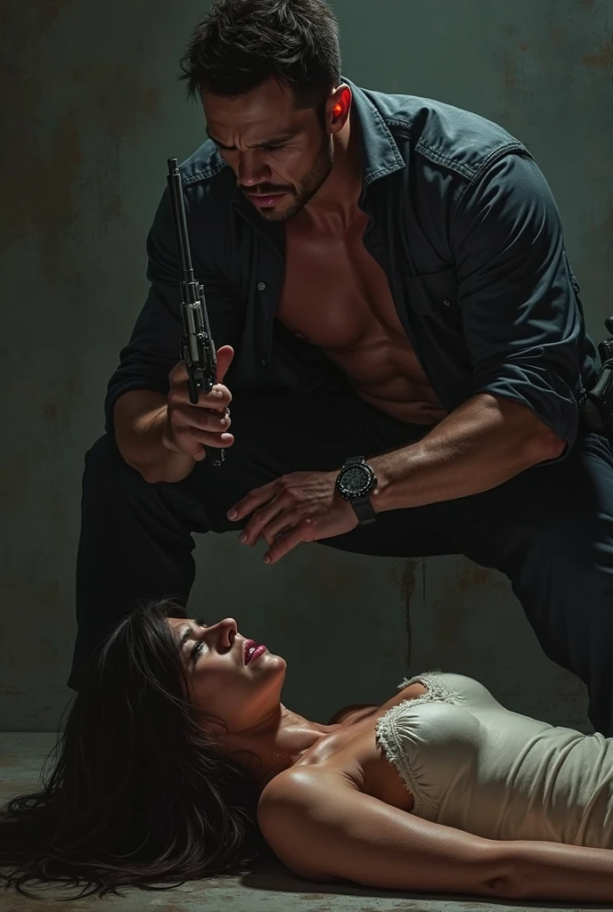 Man holding gun and kiss the girl in bathroom.background  