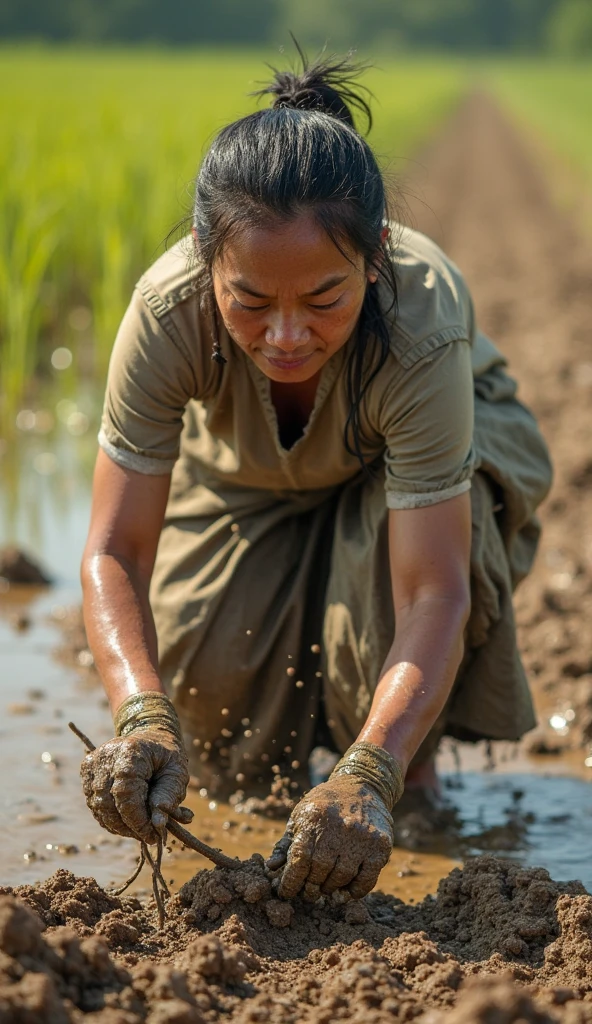 Woman farmer kneeling in front of a field wet from the rain