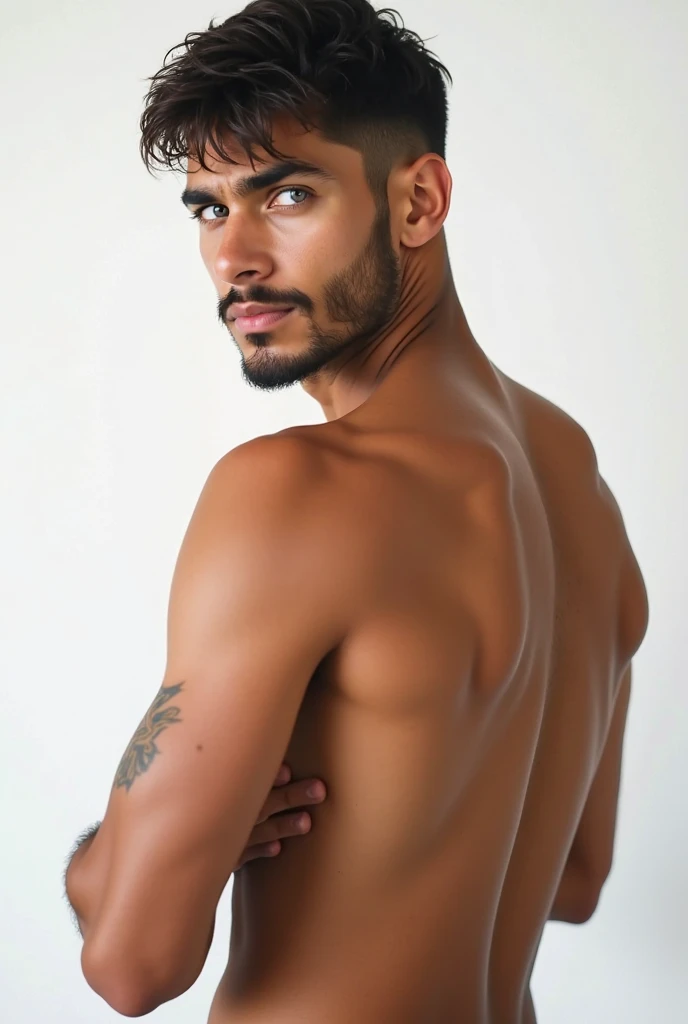 A 20-year-old Iranian boy with black eyes and black eyebrows, a crooked nose, a thick beard, a sexy body, a six-pack, and completely naked muscles with a big, white-skinned dick