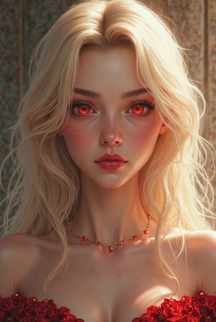 The first Boy with long blond hair to the waist, sweet(omegaverse), gentle but vampy with red large eyes, slender face and pale complexion. He has a small red tattoo on his neck. A young mob boss. He also has an earring in his lip and several small ones in his ears. He kisses others pool of blood