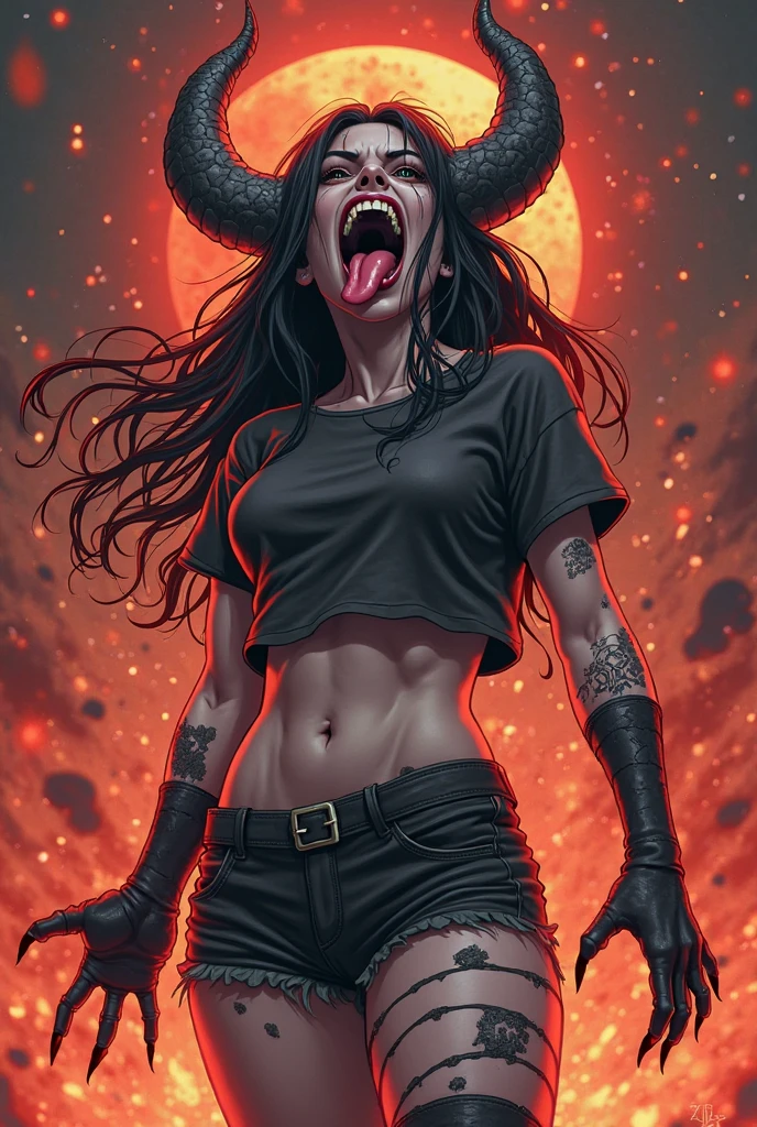 A rebellious woman with long black hair expressing defiance by displaying both middle fingers and sticking out her tongue. She's showing a playful yet defiant attitude. Her attire and surroundings can be up to your interpretation.