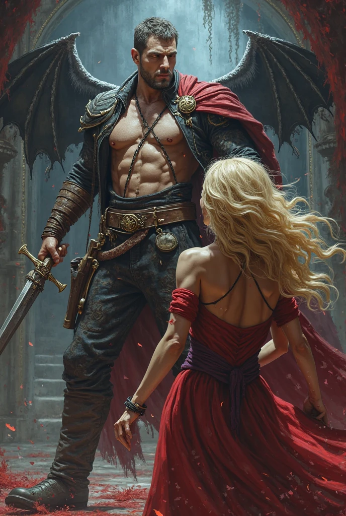 A blonde woman subduing a young but older brown-haired man, with a little beard threatening him with a spear. The woman has light blue eyes and the man has brown eyes.. The man holds some chains around her, The background is a nightclub and one side of the wall is destroyed 