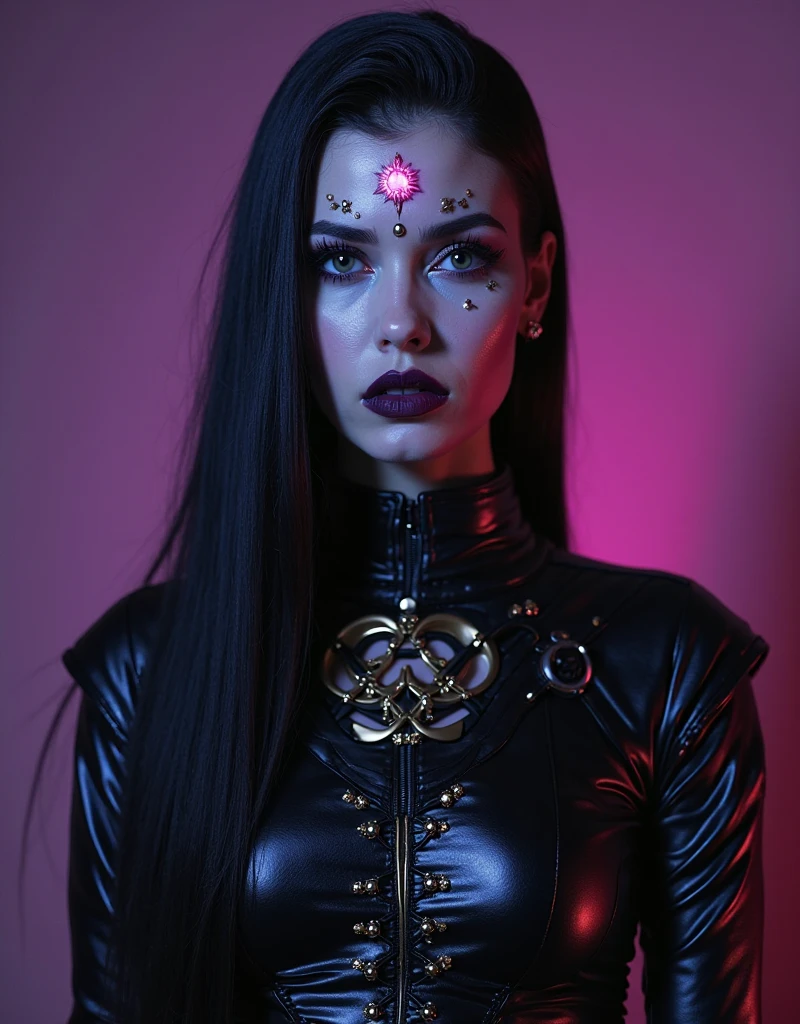 Dark techno woman posing for a photo in an underground rave scenario