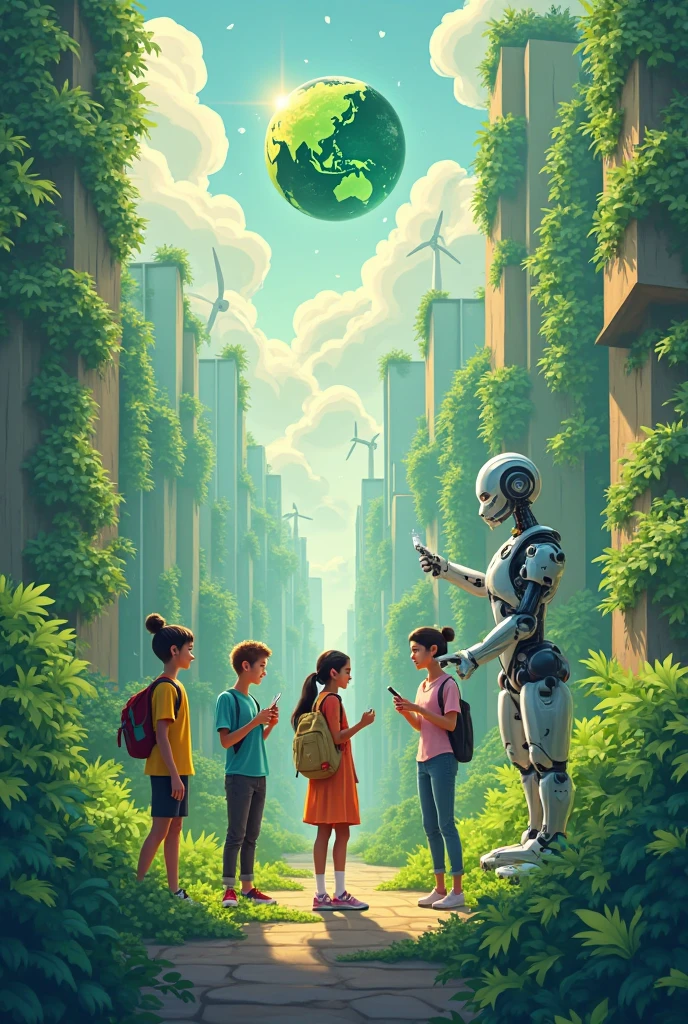 Education that transforms nature, transforms the world. Children studying about nature, with humanoid robots looking at planet earth . Logo to print on shirt