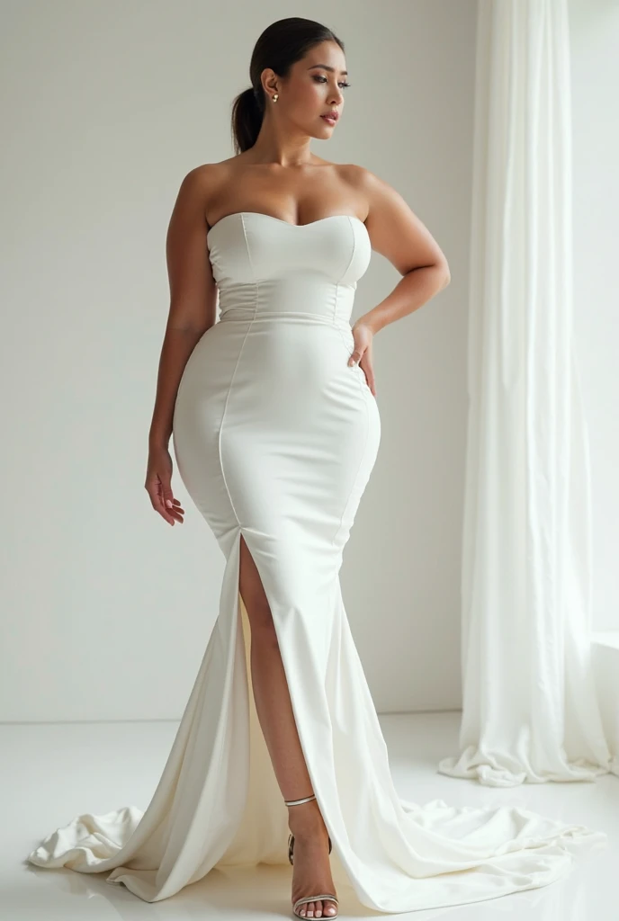 Brunette, bride, busty, 34DD, implants, low cut dress, high heels, slit in skirt 