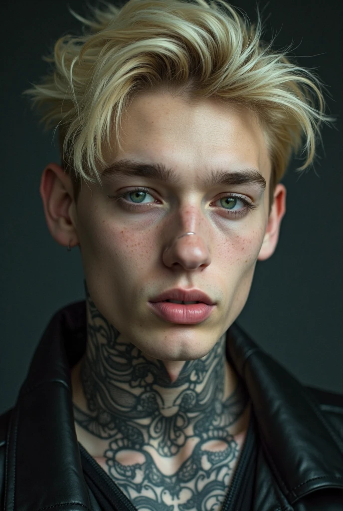 teenage young man, white pale skin, grey tousled hair, piercing grey eyes, captivatingly androgynous look. He is adorned with intricate tattoos, piercings and a multitude of silver chains, striking and rebellious aesthetic. He has sweating summer, a flushed expression because summer. [anime dark edgy, fantasy genre, sleep, head on pillow.], [Dramatic lighting, dark color palette, sharp details, textured skin, perfect hand]